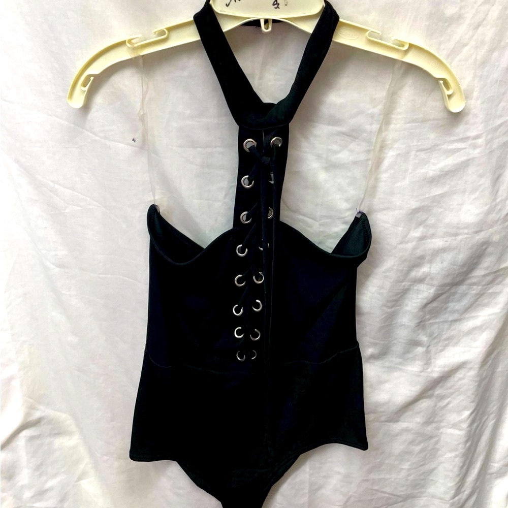 Topia Black Lace-Up snap seat Bodysuit ladies sz L